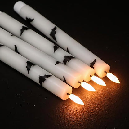Halloween Flameless Taper Candles Battery Operated with Remote and Timer, Real Wax 3D Wick Flickering LED Taper Candle Bats Decals Dinner Table Halloween Decor(4 Pack, 0.78”D x 9.64”H)