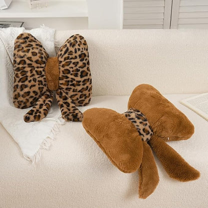 Leopard Print Bow Throw Pillows Cute Flower Plush Pillow Stuffed Bow Backrest Cushion Home & Car Decoration（2 Pack）