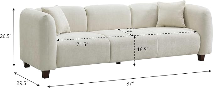 Merax 87" Velvet Upholstered Sofa Couch 3 Seater with 2 Pillows, Modern Living Room Sofa with Solid Wood Legs, Beige
