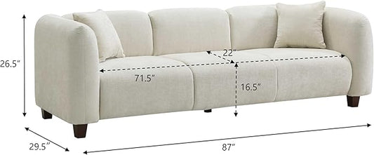 Merax 87" Velvet Upholstered Sofa Couch 3 Seater with 2 Pillows, Modern Living Room Sofa with Solid Wood Legs, Beige