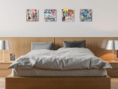 Biufo Banksy Canvas Wall Art Pictures Pop Graffiti Street Art Painting Artwork for Bedroom Living Room Wall Decor (16"x16"x4Pcs)