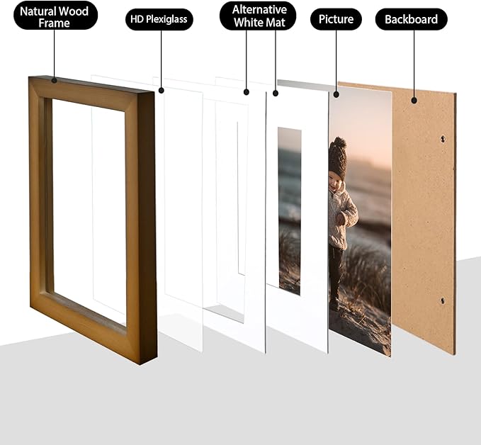 KINLINK 5x7 Picture Frame Brown, Solid Wood Frames with Acrylic Plexiglass for 3.5x5/4x6 with Mat or 5x7 without Mat, Tabletop and Wall Display Photo Frame Set of 4