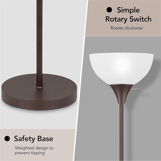 Coucrek Floor Lamp, LED Standing Lamps with White Plastic Shade, Corner Floor Lights for Living Room Bedroom, Rotary Switch, Bulb not Included, Brown