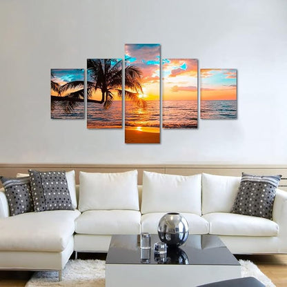 Yatsen Bridge Beaches Wall Art 5 Piece Set Sunset Poster Ocean Art Modern Seascape Pictures HD Print on Canvas Home Office Decor Framed Ready to Hang - 60''W x 40''H
