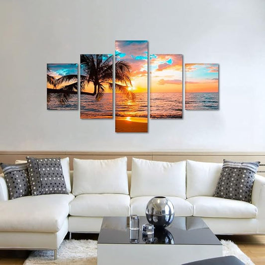 Yatsen Bridge Beaches Wall Art 5 Piece Set Sunset Poster Ocean Art Modern Seascape Pictures HD Print on Canvas Home Office Decor Framed Ready to Hang - 60''W x 40''H