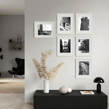 11x14 Picture Frame Set of 6 with Plexiglass, Display Pictures 8x10 with Mat or 11x14 Without Mat for Tabletop Display and Wall Mounting, White