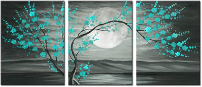 iKNOW FOTO 3pcs Grey and Teal Floral Canvas Prints Framed Plum Blossom Tree Oil Painting Printed on Canvas Gallery Wrapped Full Moon Flower Pictures Living Room Traditional Paintings 12x16x3pcs