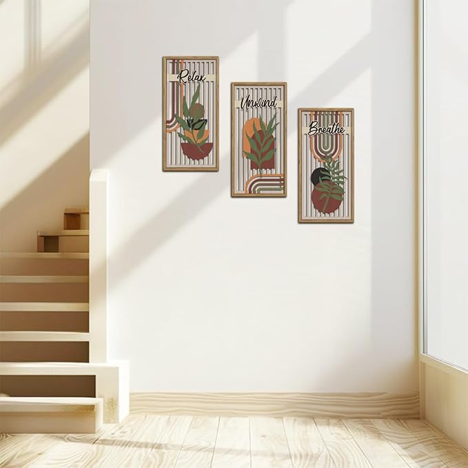 KAIRNE Boho Wooden Wall Art,Bohemian Wood Wall Decor Set of 3(16”X8”),Farmhouse Geometric Wooden Wall Decor,Abstract Minimalist Artwork for Living Room Bedroom Kitchen Office Decoration,Framed