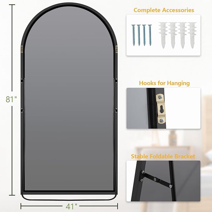 MELOMOIR Arched Oversized Floor Mirror, 81"x41", Full Body Mirror for Bedroom/Living Room, Black Frame with Tempered Glass, Wall Mirror Full Length