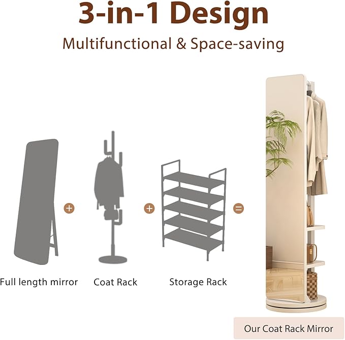 WoodsWhisper Full Length Mirror Coat Rack Solid Wood Floor Mirror 66"x12" Full Length Mirror with Stand Long Mirrors for Bedroom,Living Room (White, 70" L x 16" W)
