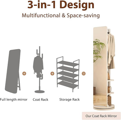 WoodsWhisper Full Length Mirror Coat Rack Solid Wood Floor Mirror 66"x12" Full Length Mirror with Stand Long Mirrors for Bedroom,Living Room (White, 70" L x 16" W)