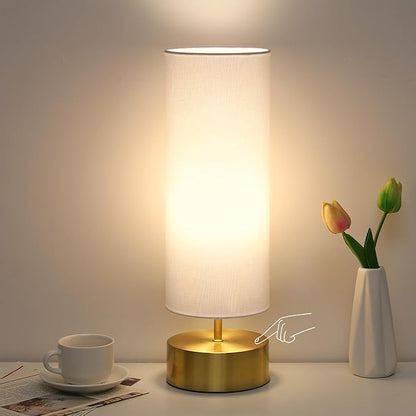 3-Way Dimmable Table Lamp, Touch Control Nightstand Lamp with White Lampshade, Gold Modern Bedside Touch Lamp Simple Side Table Lamp Night Light for Bedroom Living Room Kitchen, LED Bulb Included