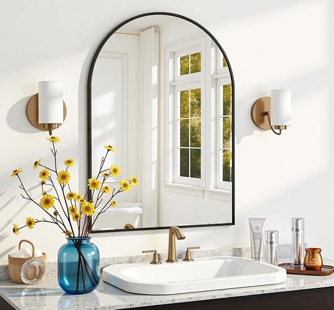 Dewfig Wall Mounted Mirror, 20"x30" Arched Wall Bathroom Mirror, Black Vanity Wall Mirror with Metal Frame, Modern & Contemporary Arch Top Wall Mirror for Bedroom, Entryway, Living Room, Black