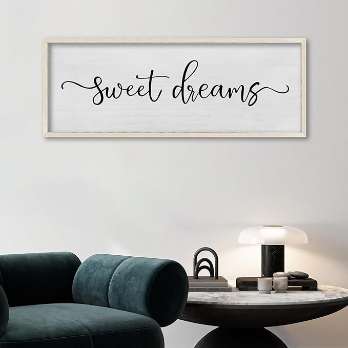 FZMHASLWW Bedroom Above Bed Wall Decor Sweet Dreams Sign 32"×12" Cozy Quote for Over Bed Farmhouse Large Rustic Minimalist Couples Horizontal Wall Hanging Decoration (White)