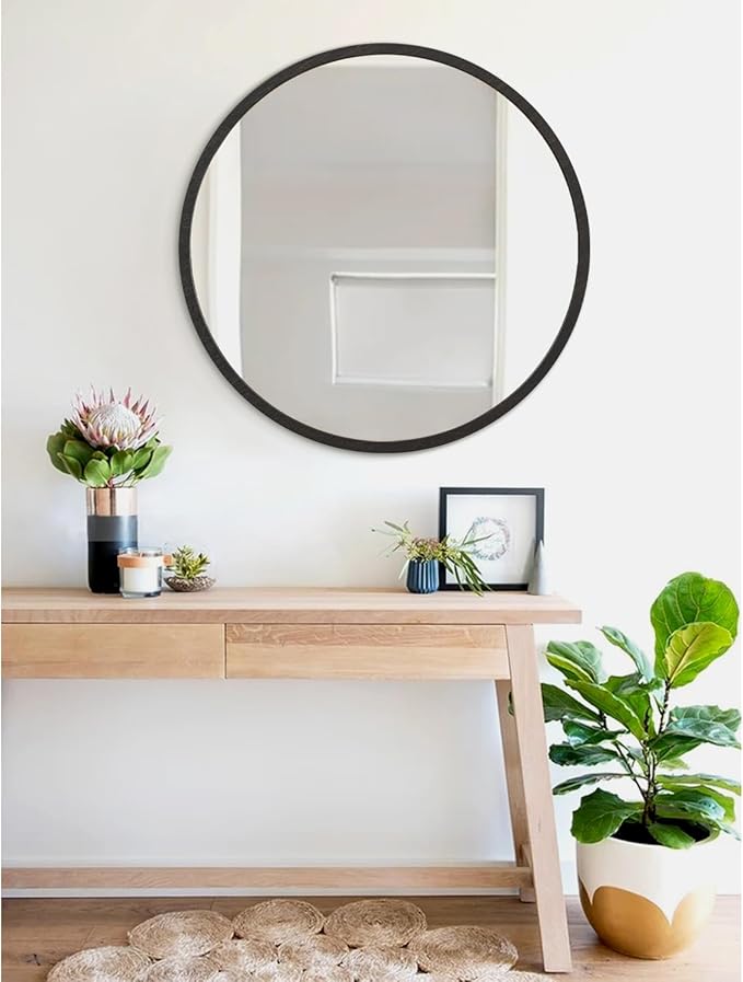 JJUUYOU Round Wall Mirror 20" Hanging Circle Mirror Round Mirrors for Bathroom Wooden Farmhouse Frame Mirrors for Bedroom Living Room or Entryway Wall Decorative