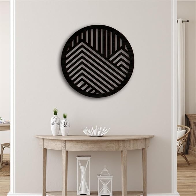 Geometric Wood Wall Art Decor, Modern Vintage Mountain Wall Sculptures Hanging Abstract Panels Decor, 3D Round Hollow Wooden Craft Art Boho Wall Decoration, for Home Office Living Room Bedroom (Black)