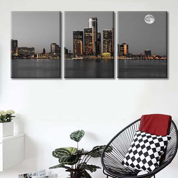 TUMOVO Wall Decor Detroit Downtown Skyline Wall Art Beautiful City Skyline Pictures Wall Decor for Living Room 3 Piece Skyscrapers Contemporary Home Decor Framed Ready to Hang (36" Wx16 H)