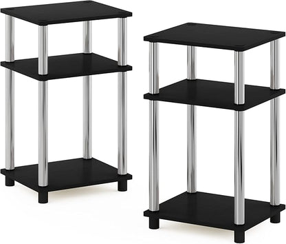 Furinno JUST Side Table Set of 2, 3-Tier Modern End Tables, Open Shelves Night Stand, Nightstand Set, Toolless Assembly, for Living Room, Bedroom, Americano/Stainless Steel
