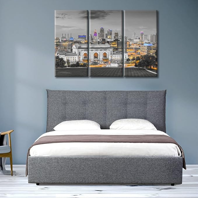 3 Pieces Kansas City Missouri Skyline Wall Decor for Living Room American Cityscape Artwork Wall Decor for Bedroom Giclee Wooden Framed Gallery-Wrapped Ready to Hang (60" Wx40 H)
