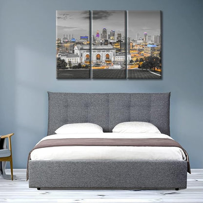 3 Pieces Kansas City Missouri Skyline Wall Decor for Living Room American Cityscape Artwork Wall Decor for Bedroom Giclee Wooden Framed Gallery-Wrapped Ready to Hang (60" Wx40 H)