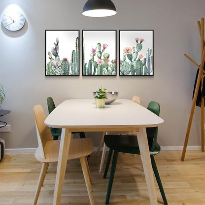 TTHYUEWS Black Framed Wall Art - 3 Piece Framed Prints - Green Succulent Cactus Wall Paintings - Living Room & Bedroom Decor