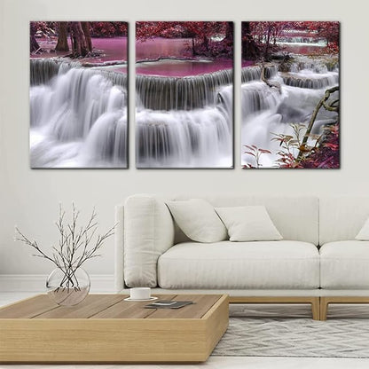 Pacimo Red Forest Canvas Wall Art 3 Pieces Waterfall Canvas Print Landscape Picture Paintings on Canvas Wall Artwork for Office and Home Décor Stretched Framed Ready to Hang - 16"x24"x3 Panel