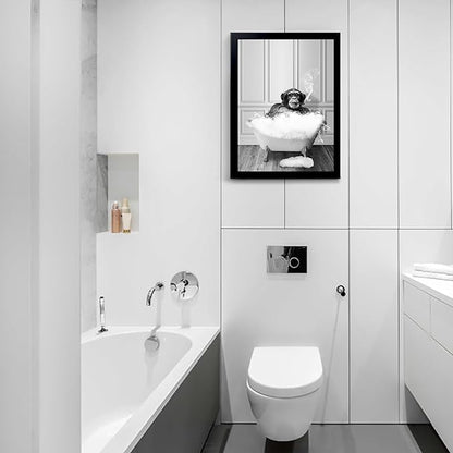 Monkey in Tub - Black and White Animals Wall Art - Framed Canvas Wall Art, Black Framed Picture for Bathroom Wall Decor, Chic Animal Art for Kid Room Wall
