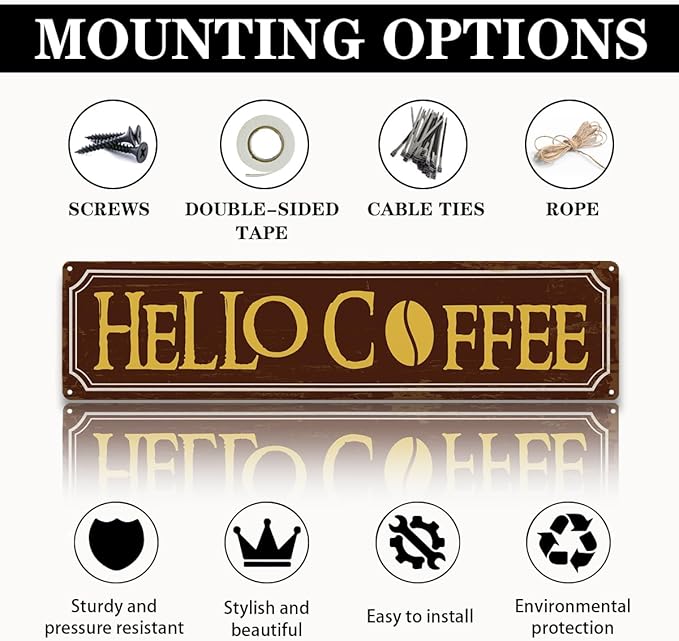 Hello Coffee Signs, Retro Metal Tin Sign, Home Kitchen Wall Decor, Farmhouse Decorations for Cafe, Coffee Station Decors, Decorative Metal Wall Signs 15.8x4 Inches
