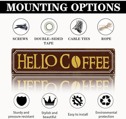 Hello Coffee Signs, Retro Metal Tin Sign, Home Kitchen Wall Decor, Farmhouse Decorations for Cafe, Coffee Station Decors, Decorative Metal Wall Signs 15.8x4 Inches