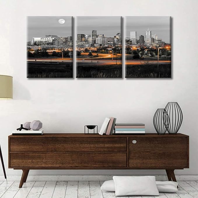 TUMOVO 3 Panel Denver Skyline Office Decor American Cityscape Pictures Black and White Wall Art Nighttime Skyscrapers Lightscape Artwork Posters and Prints Framed Ready to Hang (36" Wx16 H)