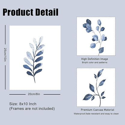 Navy Blue Botanical Wall Art Set of 6 Unframed, Minimalist Abstract Botanical Prints Watercolor Blue White Leaf Plant Wall Decor Canvas Painting, Boho Floral Botanical Wall Decor for Bathroom, Living Room