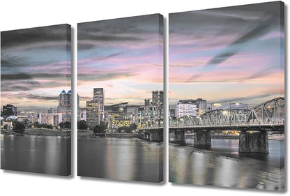 3 Pieces Portland Dusk City Skyline Home Decor American Cityscape Skyscrapers Modern Artwork Wall Art for Living Room Giclee Wooden Framed Gallery-Wrapped Ready to Hang (36" Wx24 H)