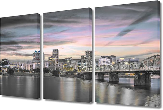 3 Pieces Portland Dusk City Skyline Home Decor American Cityscape Skyscrapers Modern Artwork Wall Art for Living Room Giclee Wooden Framed Gallery-Wrapped Ready to Hang (36" Wx24 H)