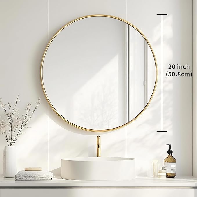 Oruii Gold Circle Mirror, 20 inch Round Mirror Metal Frame, Golden Bathroom Mirrors for Bedroom, Bathroom, Living Room, Over Sink, Rustic, Vanity