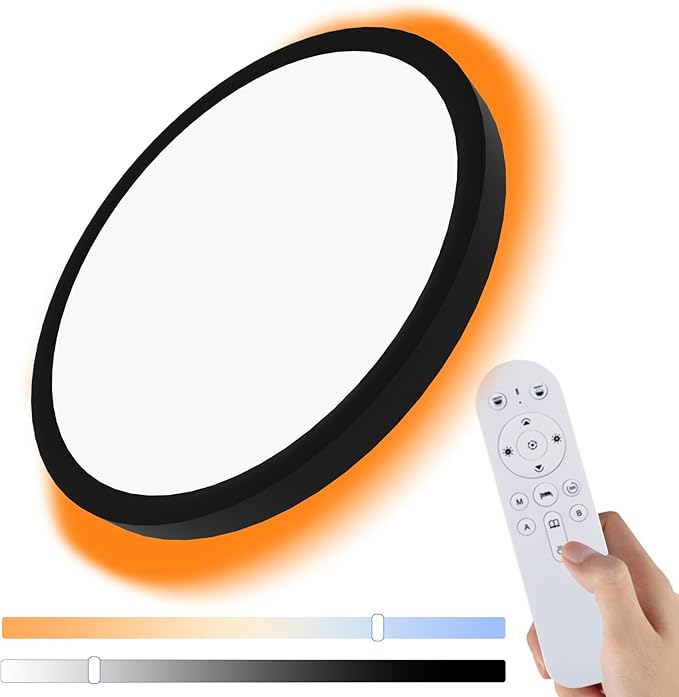 Dimmable LED Flush Mount Ceiling Light Fixture with Remote Control, 24W 2640LM, 12Inch, 2000K Warm Night Light & 3000K-6500K, Modern Super Slim Ceiling Lamp for Bedroom Kitchen, Black, 1 Pack