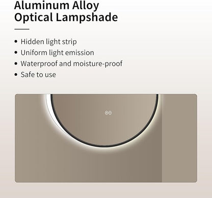 Round LED Bathroom Mirror with Gold Frame, 24V Backlight, 3 Color Temperatures, Dimmable, Memory Function, Defogging (Black Border, 36" L x 36" W)