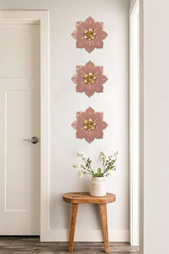 Metal Flowers Wall Decor Set of 3, Pink Metal Flower Wall Art Decor for Inoor & Outdoor Use, 3D Vintage & Modern Pink Walls Arts for Bathroom, Living Room, Bedroom, Garden, Patio, Porch, Office, 10"