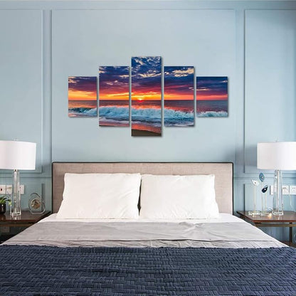Beaches Wall Art 5 Piece Set Sunset Poster Ocean Scenic Nature Photography Pictures HD Print on Canvas Modern Home Office Decor for Living Room Bedroom Bathroom Wall Decoration Framed Ready to Hang - 60"W x 32"H