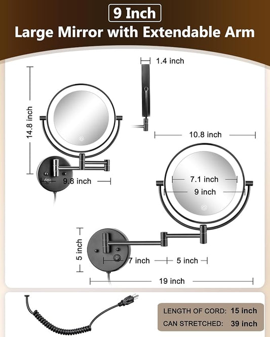 ALHAKIN 9" Wall Mounted Lighted Makeup Mirror, Large Double Sided 1X/10X Magnifying Mirror with 3 Color Lights Dimmable, 360° Rotation, Black