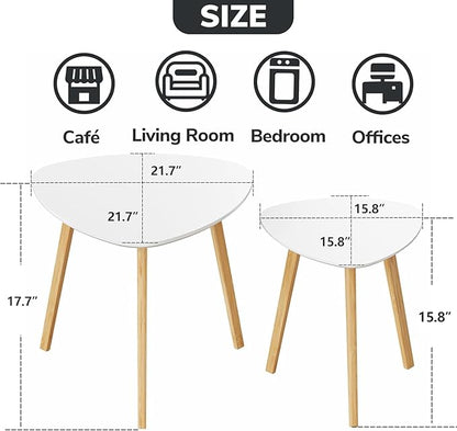 BAMEOS Bamboo Nesting Triangle End Table,Set of 2 Side Table Modern Minimalist Coffee Table for Living Room, Balcony in White