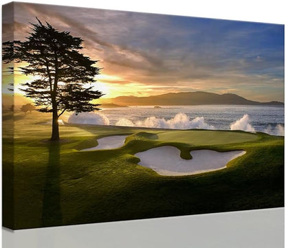 chenchenArt Pebble Beach Golf Course Wall Art Pictures Golf Course Poster Canvas Prints Golf Artwork Wall Decor for Living Room Bedroom Bathroom Home Decorations Framed Ready to Hang(18''H x 24''W)