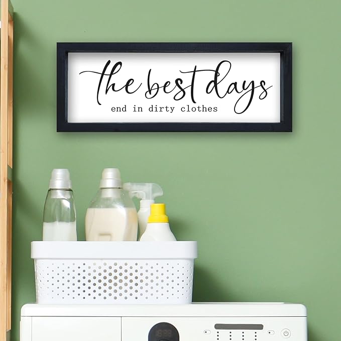 Laundry Room Wall Decor 16"×6" The Best Days End In Dirtiest Clothes Sign Funny Modren Bathroom Large Plaque Wood Framed Wall Hanging Art (Black)