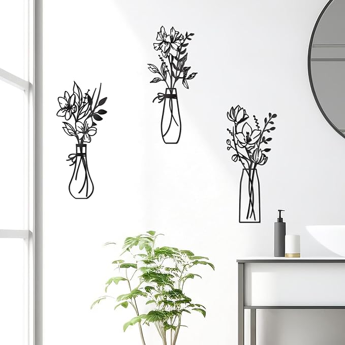 Zzbakress 3 Pcs Metal Flowers Wall Arts Rustic Farmhouse Decor Bathroom Wall Decor Metal Wall Decor for Living-room Dining-Room Kitchen Minimalist Decor Housewarming Gifts(Black)