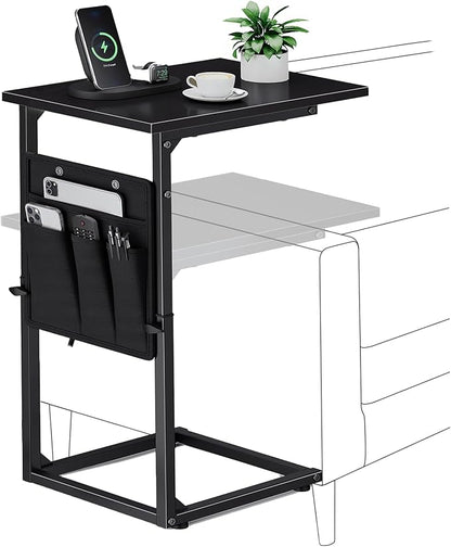 Vagusicc C-Shaped End Table, Small Side Table for Couch, Sofa Table Adjustable Height End Tables Living Room, Bedside Slide Under Couch Table for Sofa, TV Tray Table with Metal Frame for Bedroom,Black