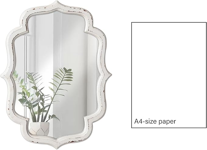 Vintage Small Scalloped Wall Mirror Decorative 16" x 12", Hanging Rustic Distressed White Bathroom Mirrors for Vanity, Farmhouse Wood Quatrefoil Wall Mounted Mirror for Living Room