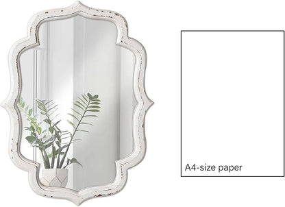 Vintage Small Scalloped Wall Mirror Decorative 16" x 12", Hanging Rustic Distressed White Bathroom Mirrors for Vanity, Farmhouse Wood Quatrefoil Wall Mounted Mirror for Living Room