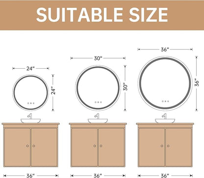 LOVESPEJO 30" Round LED Mirror for Bathroom, Circle LED Bathroom Vanity Mirror with Lights, Anti-Fog, Dimmable, 3 Colors, Shatterproof