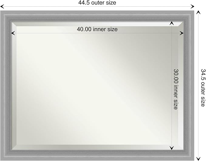Amanti Art Silver Bathroom Mirror for Over Sink, 35x45 Peak Polished Nickel Narrow Rectangle Vanity Mirror, X-Large Traditional Frame, Hangs Horizonally and Vertically, Bathroom Wall Decor, Beveled