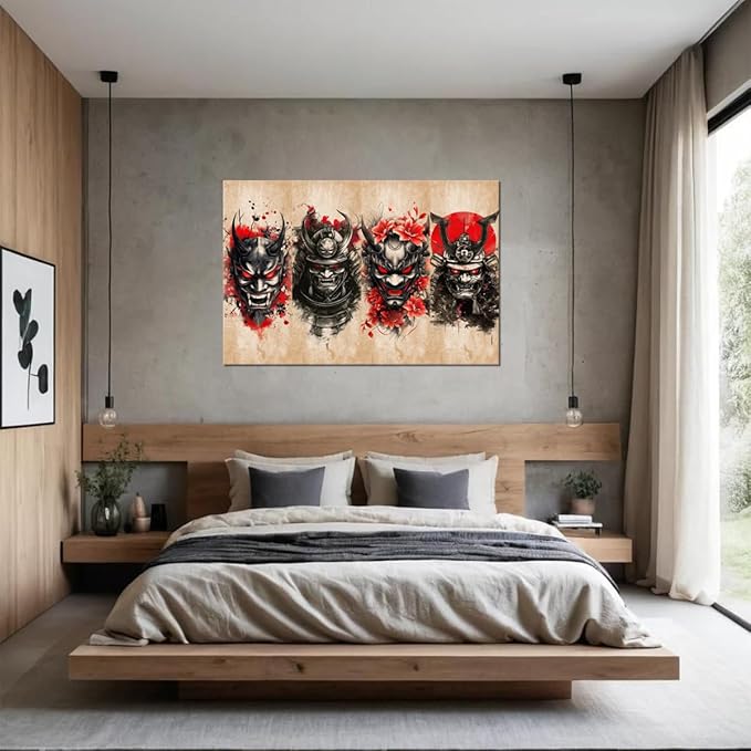Bushido Wall Art Japanese Samurai Wall Decor Bushido Wall Art Red and Black Canvas Pictures for Japan Theme Restaurant Tavern Hotels Bedroom Living Room Office Bathroom Asian Artwork Prints Framed