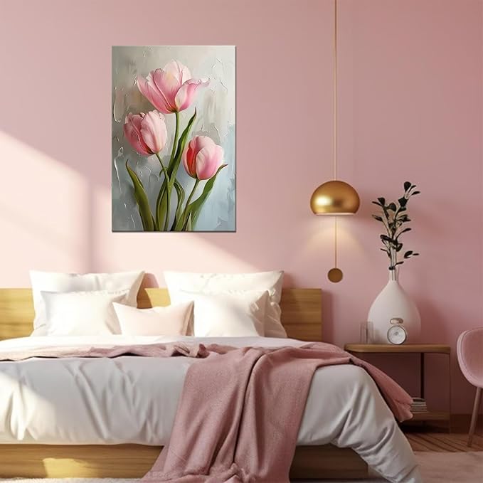 Tulips Pictures Wall Art for Bathroom Pink Flowers Modern Spring Floral Paintings Canvas Prints Artwork for Living Room Bedroom Home Decoration Framed